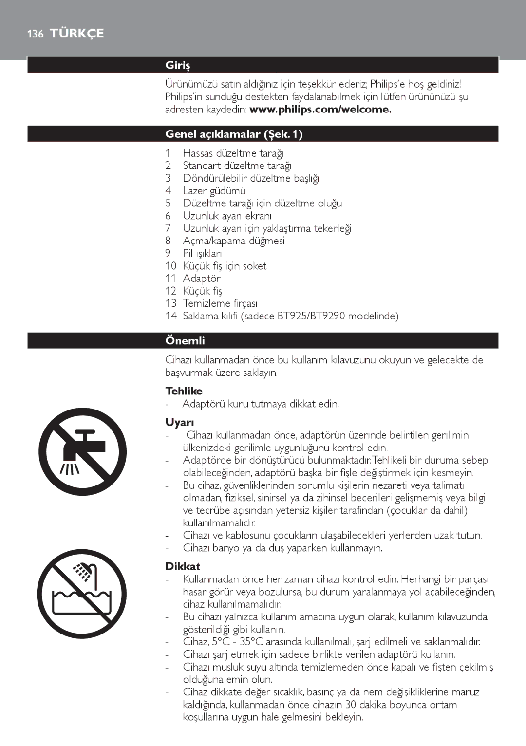 Philips BT9290, BT9280 user manual 136 Türkçe, Giriş Genel açıklamalar Şek, Önemli 